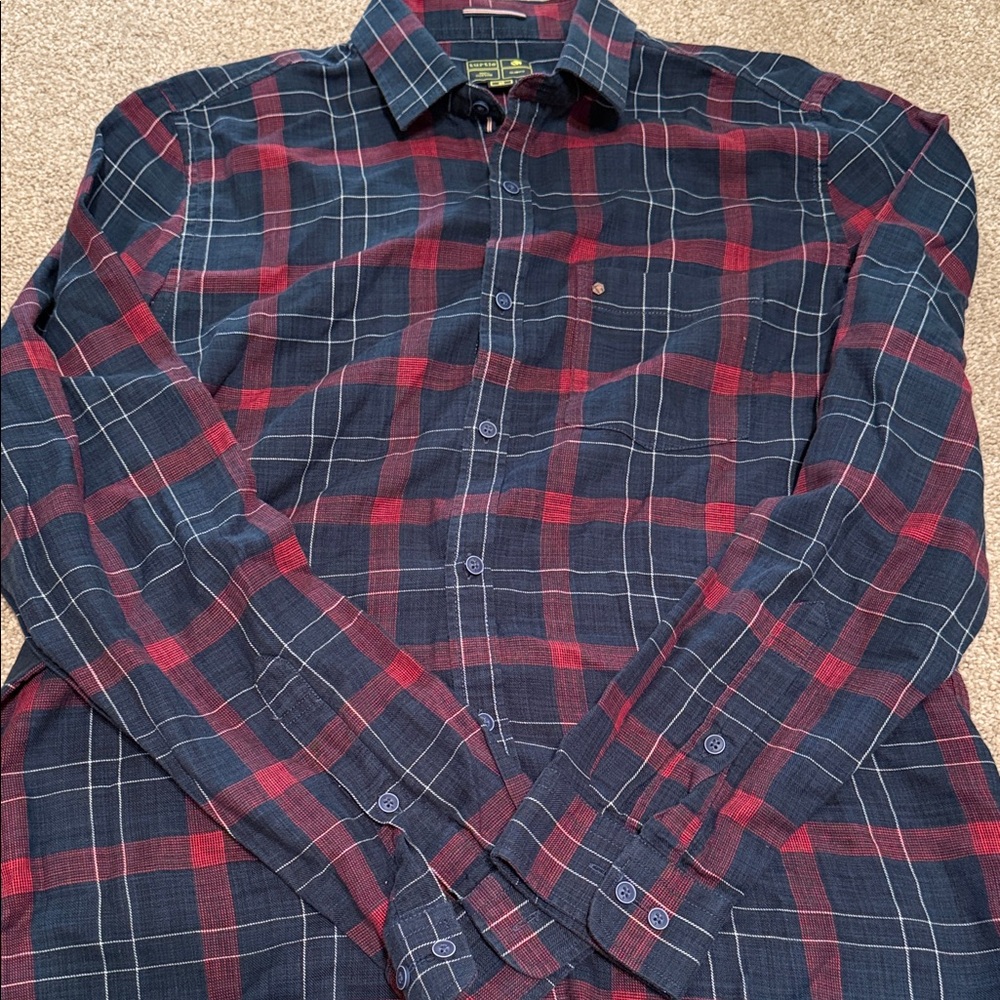 TURTLE Men's Navy and Red Plaid Button Down Shirt 100% Cotton Made in India Sz M